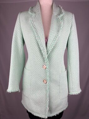 Zara Mint Tweed Coat Fringe Trim Textured Blazer Jacket Size M